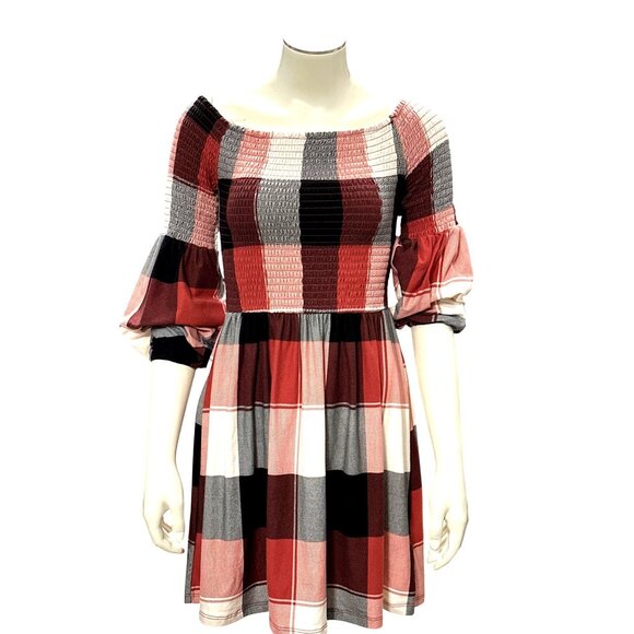 205 Collins Red Plaid Smocked Off Shoulder Flare Mini Dress Cottagecore Westernn - Picture 2 of 12